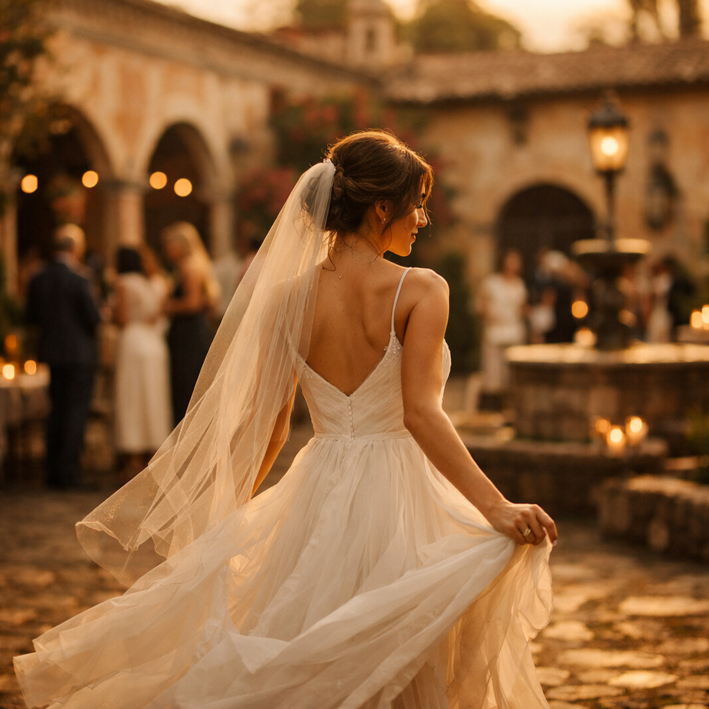 Cinematic destination wedding in Mexico golden hour elegant bride walking through historic hacienda courtyard with soft warm sunlight flowing dress mo-1