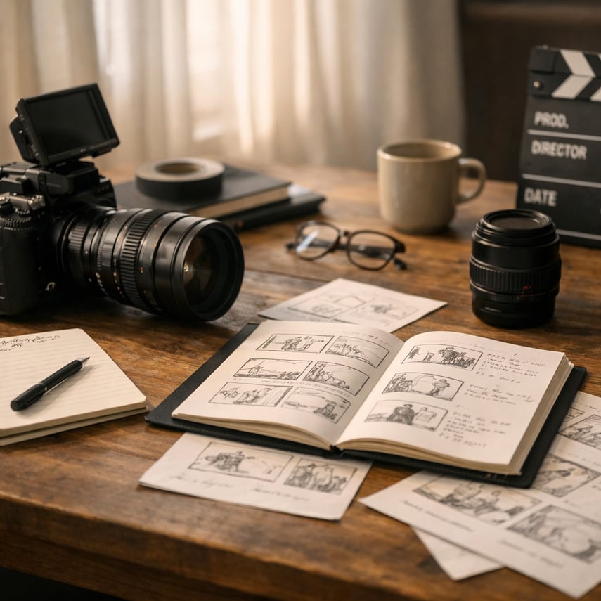 Cinematic editorial photograph of a creative film production workspace with soft natural window light entering through curtains camera equipment resti-1