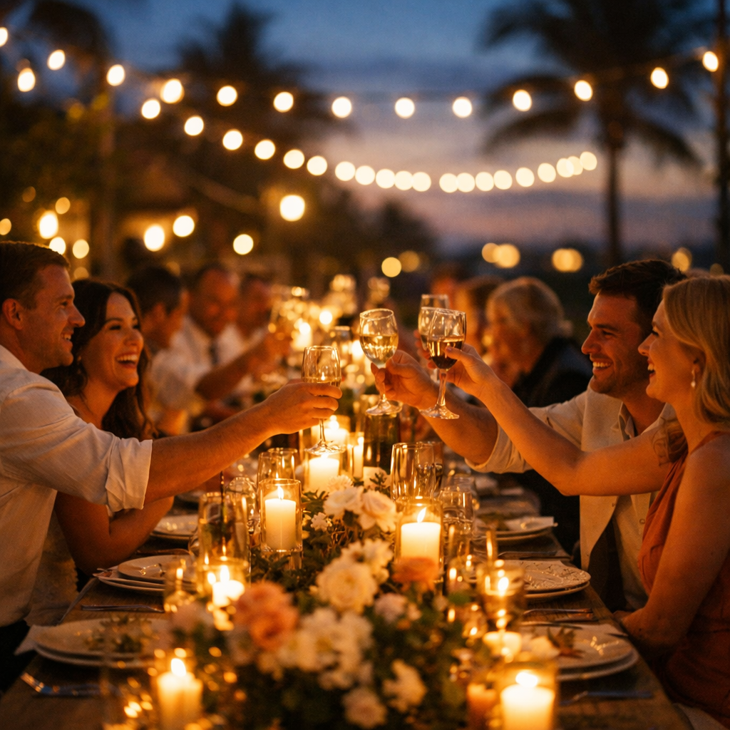 Destination wedding welcome dinner in Mexico outdoors elegant long table with candles and flowers guests laughing and toasting warm ambient lights gol