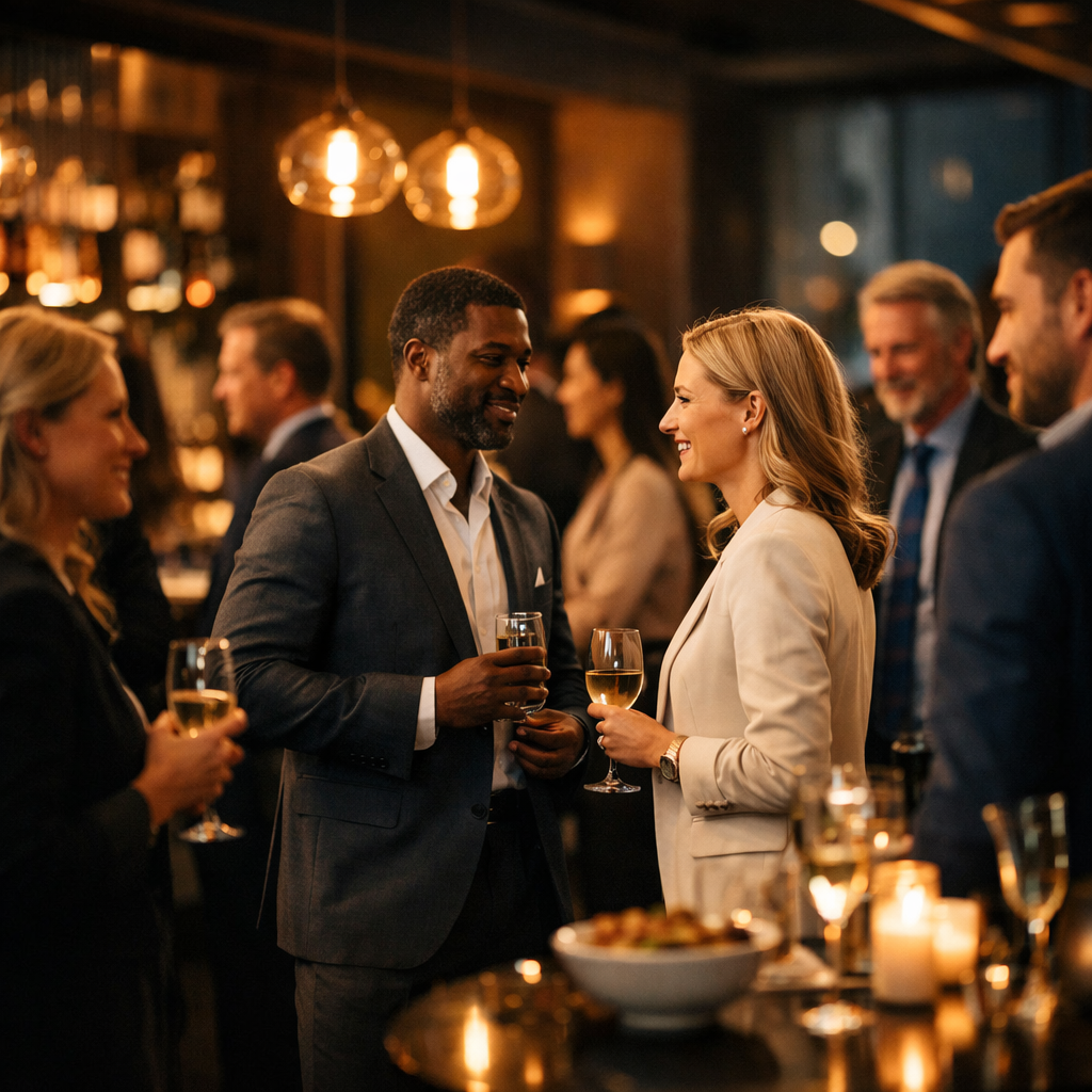 Elegant corporate networking event in a modern venue professionals talking and connecting during cocktail hour warm ambient lighting stylish decor cin