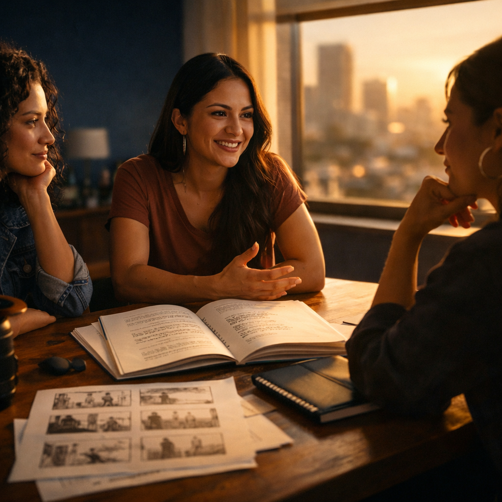 Cinematic wide horizontal composition 169 intimate creative meeting between Latina filmmakers around a wooden table at golden hour warm amber sunlight